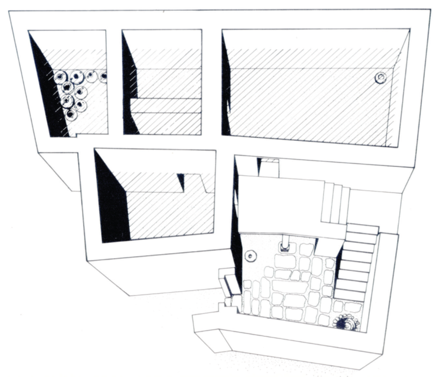 איור 6. בית F במירון. בית משפחתי. שלושה חדרי מגורים – כנראה משפחה מורחבת. החדר השמאלי העליון הוא מחסן המופרד מהבית בקיר כמעט לכל גובה המבנה (נכנסו אליו רק מלמעלה), כך שהוא "חסין טומאה". למטה מימין חצר עם תנור ומדרגות לקומה שנייה. מאירס, מירון, עמ' 56.